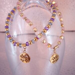 Rustic Cuff Gold, Pink, and Purple Beaded Bracelet